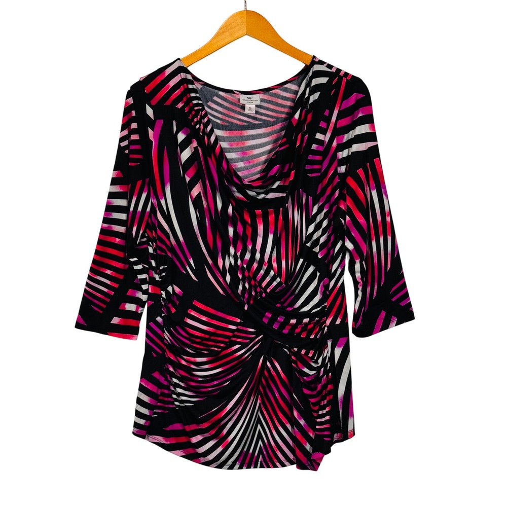 Worthington Top Womens XL Pink Black Abstract Cowl Neck 3/4 Sleeve Ruched Blouse